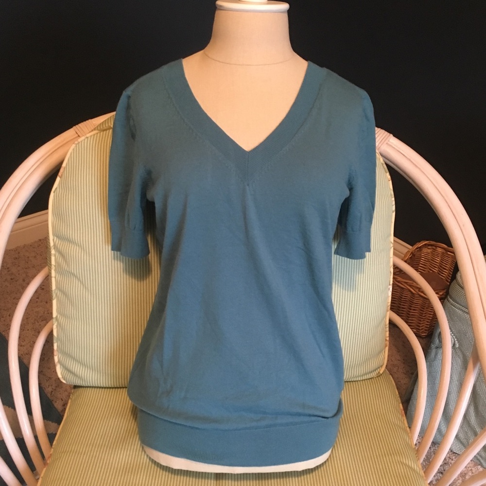 Ann Taylor Short Sleeve V Neck Sweater Merino Wool Blend